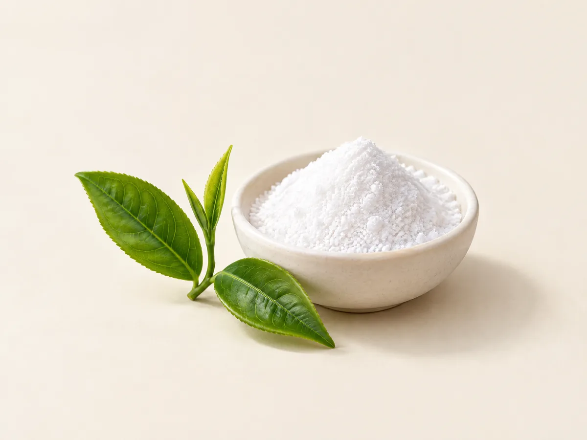 Green tea leaves beside L-theanine powder