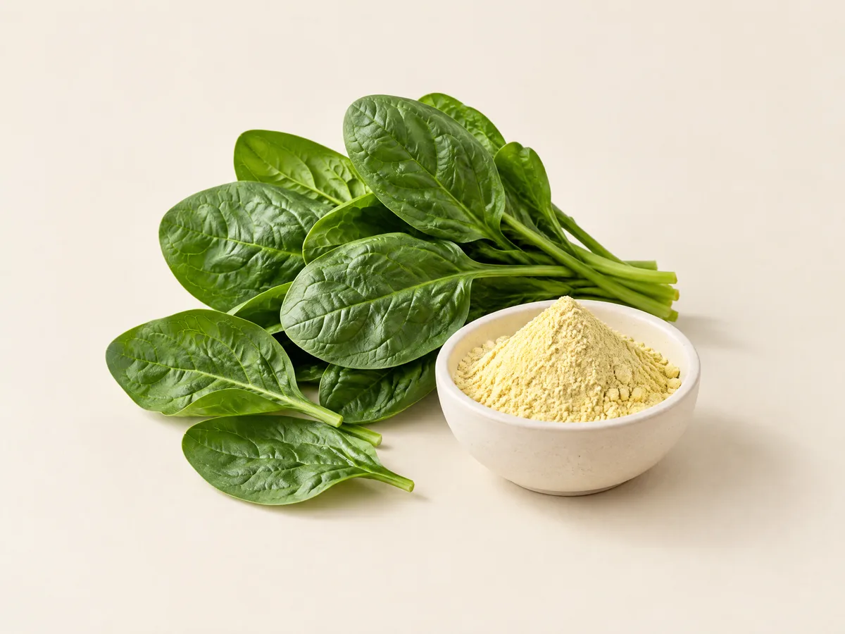 Spinach leaves beside folate powder