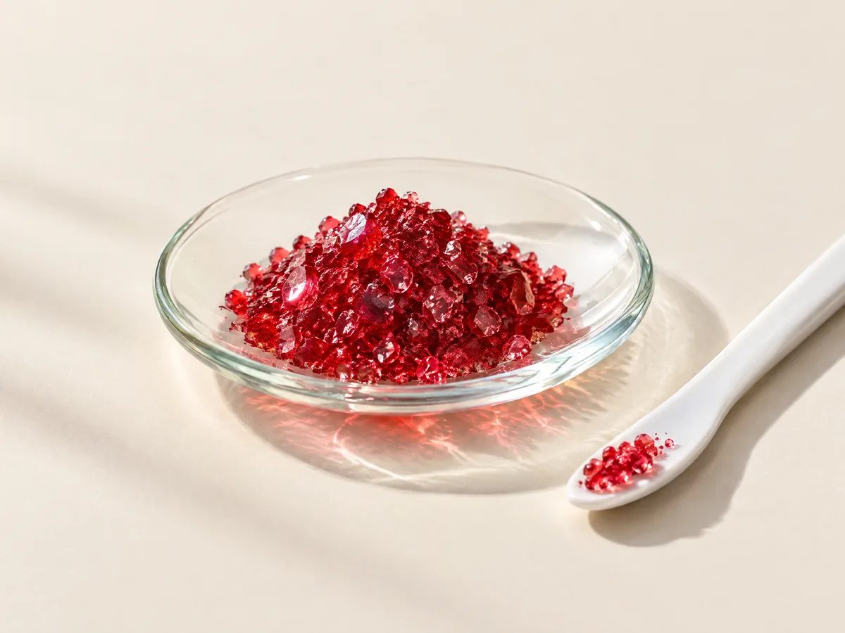 Vitamin B12 crystals in a glass dish