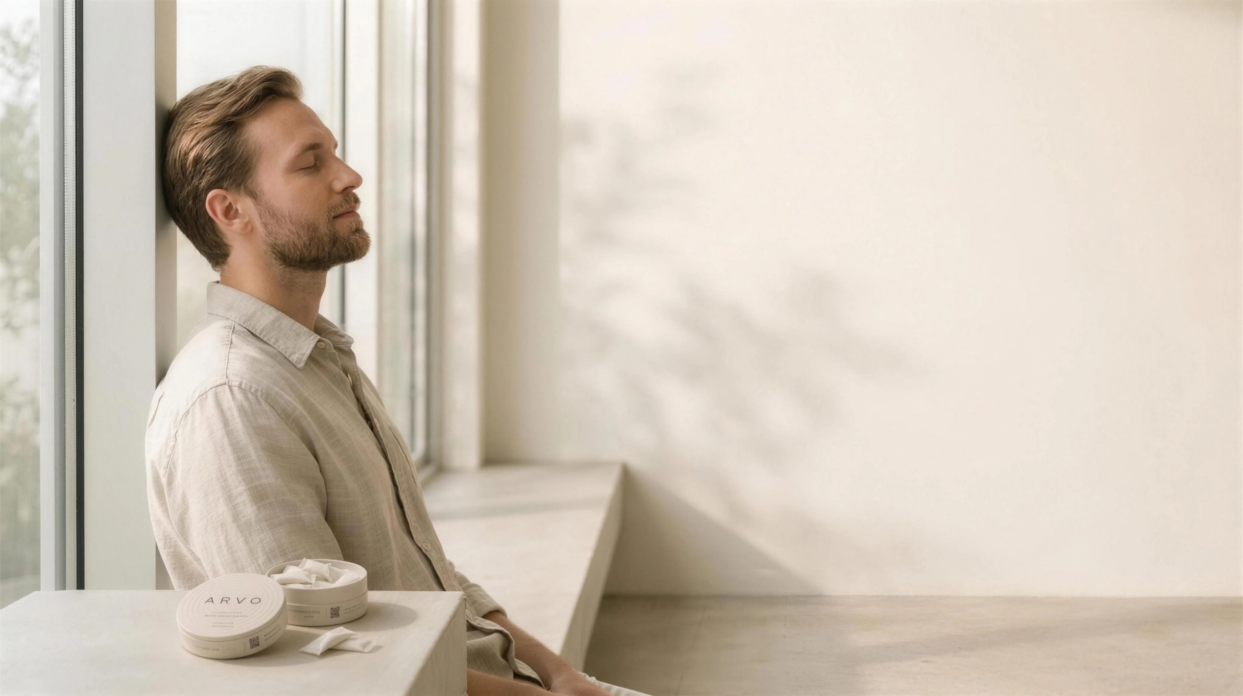 A man pausing for a calm breath by a sunlit window, an ARVO can open on the bench beside him