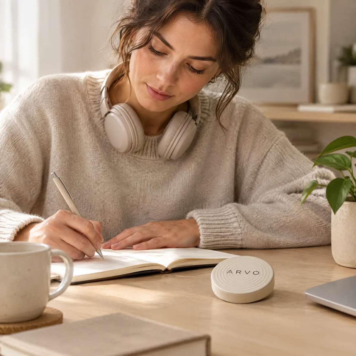 A person working calmly at a desk with an ARVO can