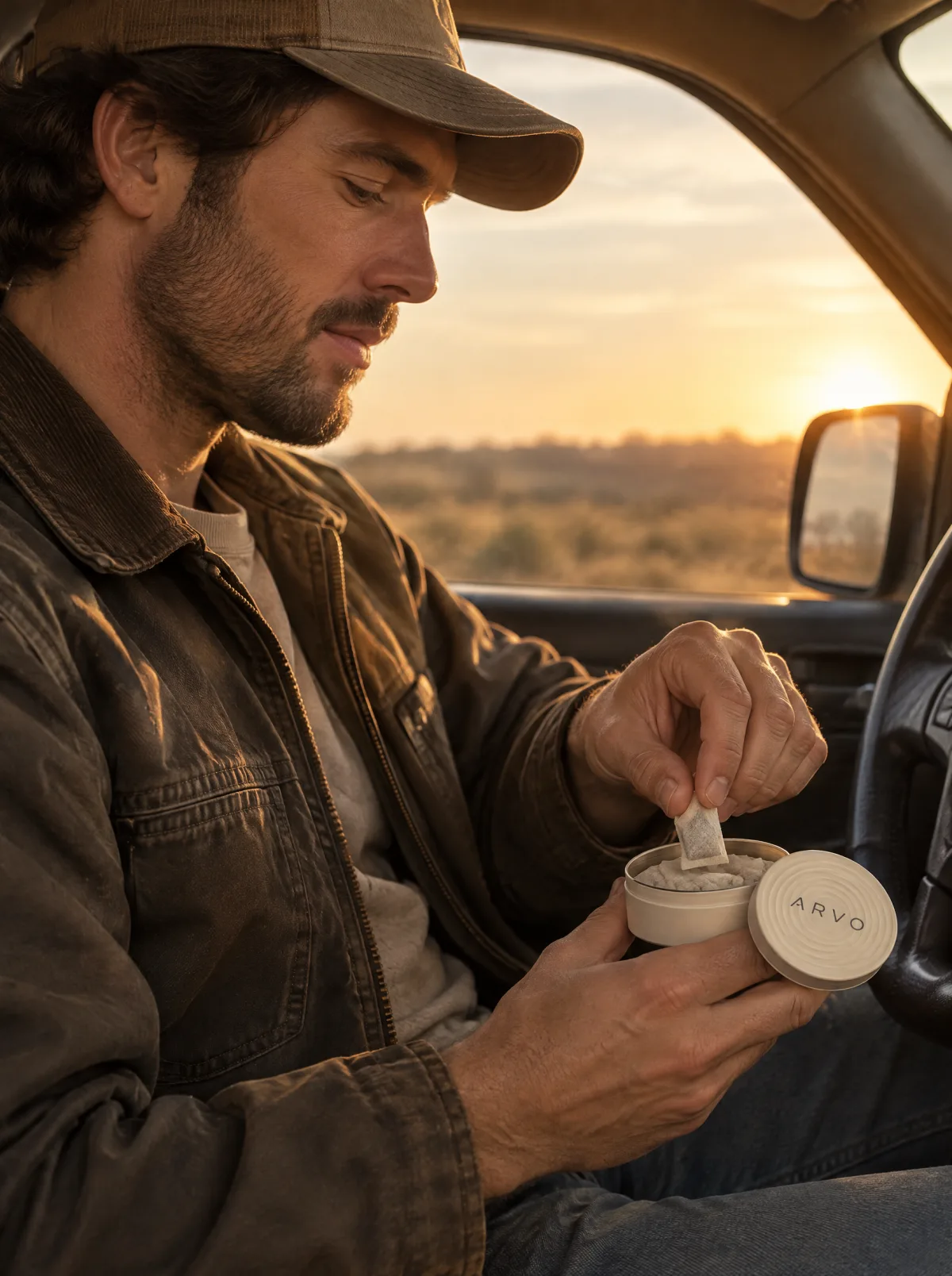 A man in his pickup taking an ARVO pouch from the can