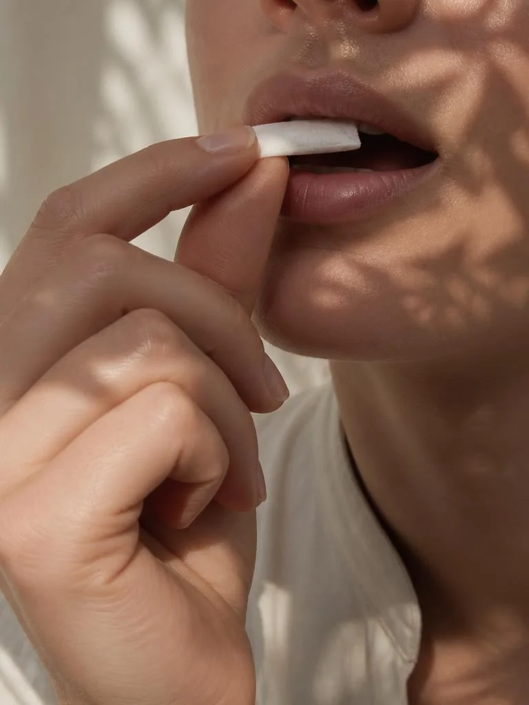 A hand placing a small white ARVO pouch under the upper lip