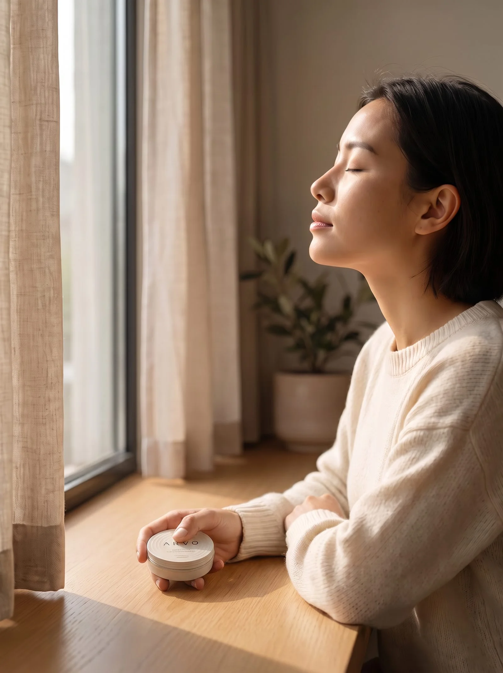 A person breathing slowly with eyes closed, settling into calm
